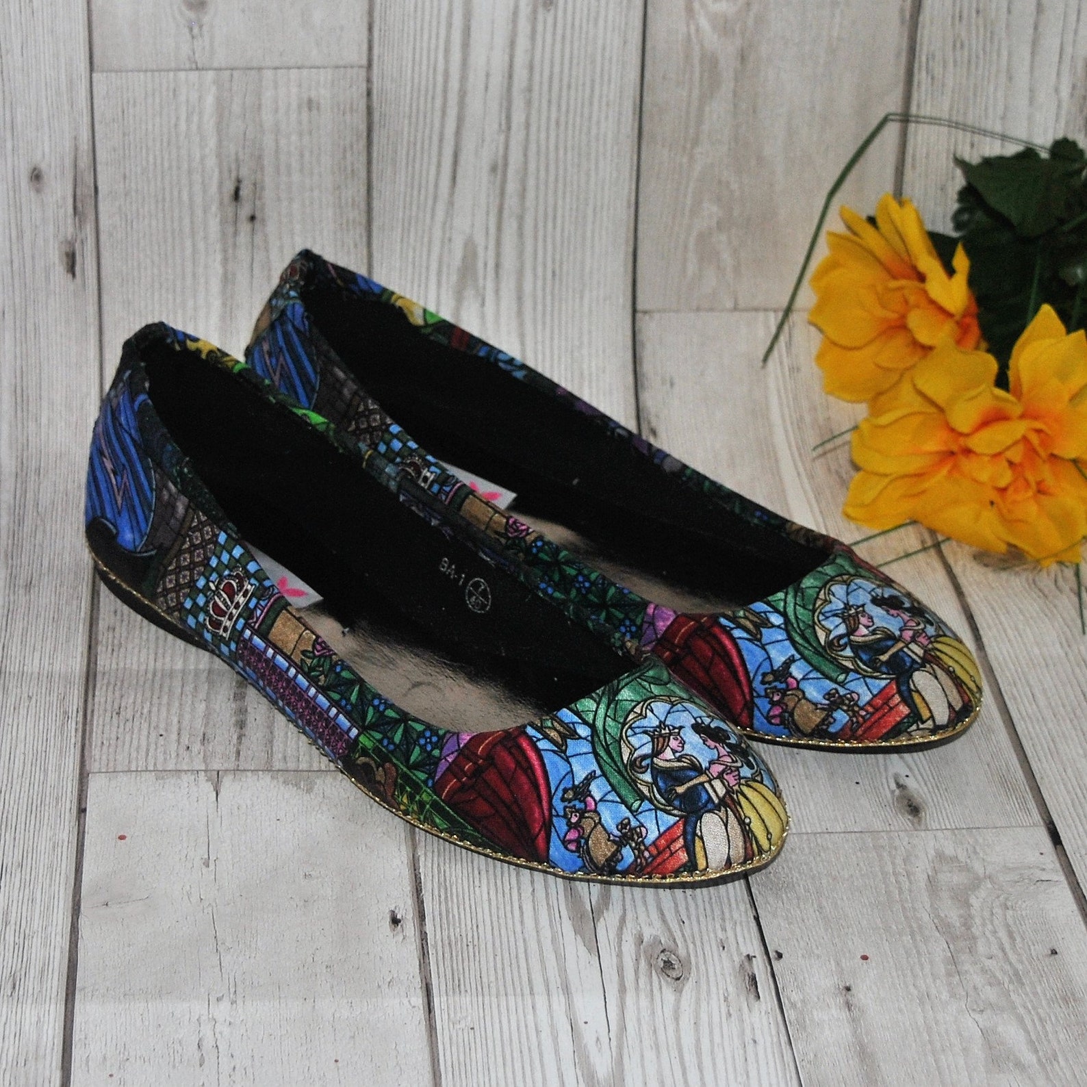 beauty and the beast stained glass fabric ballet flats and clutch bag - wedding party bridesmaid shoes