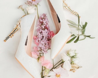 Ivory Glitter Bridal Pumps: Handmade Wedding Shoes with Golden Leaf Heel