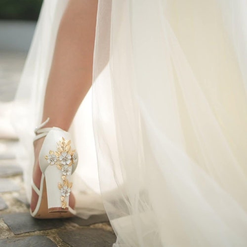 Bridal White Satin Block Heel Sandals: Wedding Shoes with Floral Cherry Blossom