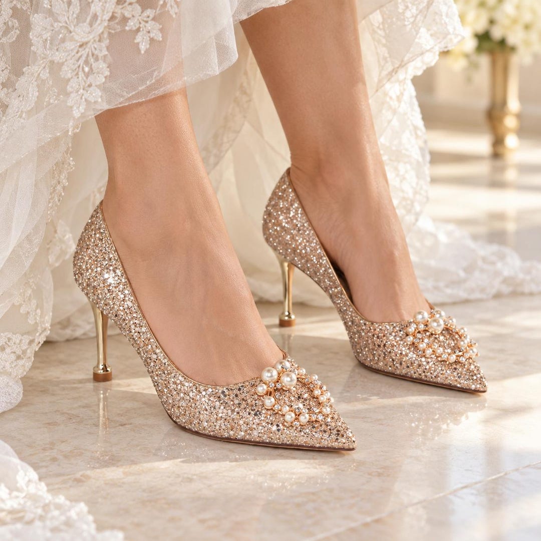 comfortable gold dress shoes for wedding Champagne Glitter Shoes: Pearl Embellished Bridal Heels Mermaid Flare