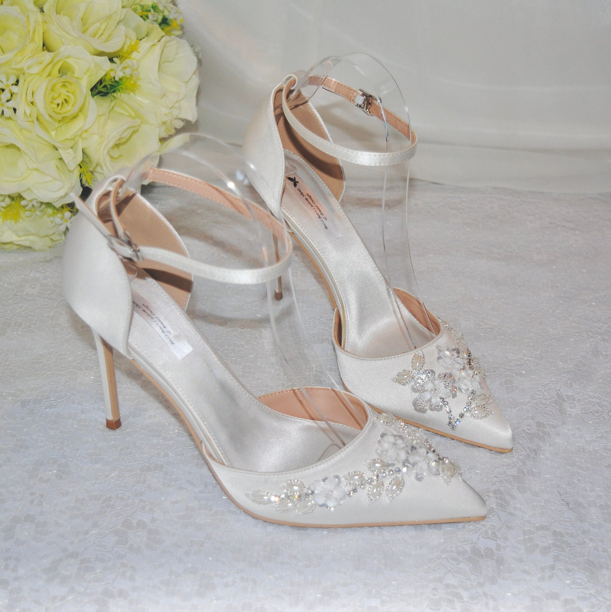 Beautiful Ivory Wedding Shoes, Beaded Satin Heels, Wedding Shoes for Bride, Comfortable Shoes, Large Sizes