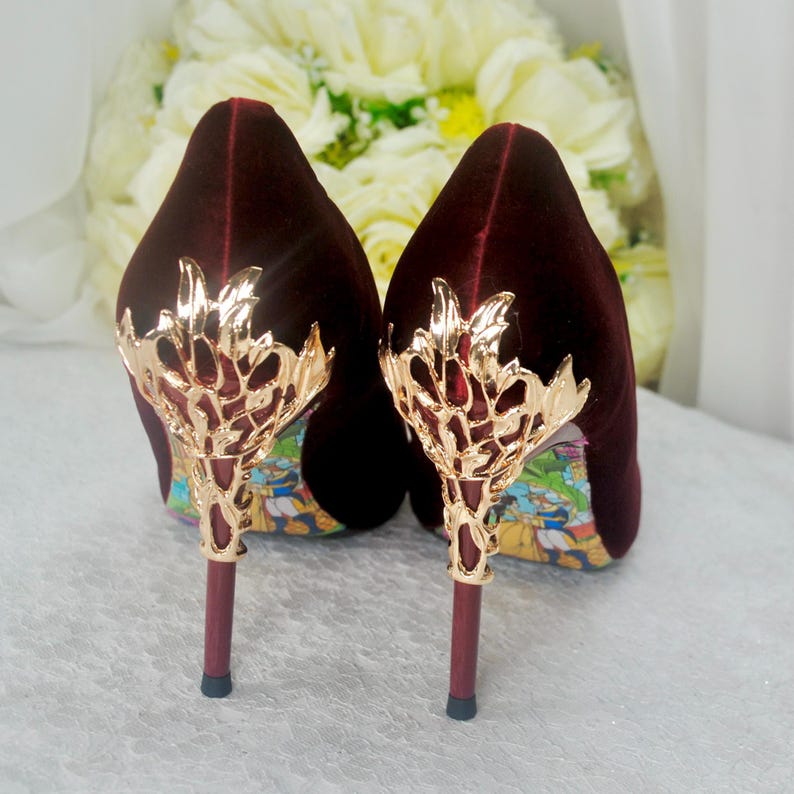 Burgundy Velvet Stiletto Heels with Gold Vine Details, Wine Red Handmade Luxury Bridal Shoes image 6