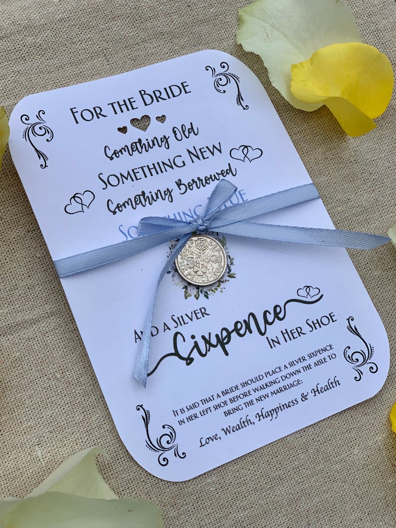 Recuerdo de boda Sixpence 'Algo viejo, nuevo...' Moneda de zapato del día de la boda de la novia. Auténtico recuerdo de seis peniques de plata y poema. Regalo perfecto. imagen 7