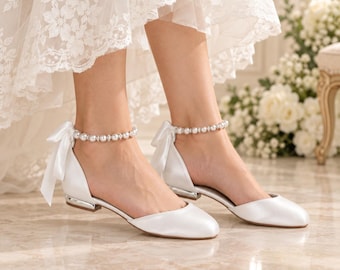 Handmade Satin Bridal Flats: Pearl Ankle Strap Wedding Shoes