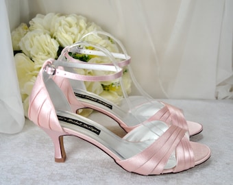 Blush Pink Satin Bridal Sandals: Kitten Heel Peep Toe Shoes