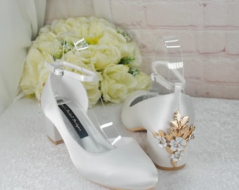 Bridal White Low Block Heel Pumps: Floral Blossom Ankle Strap Shoes