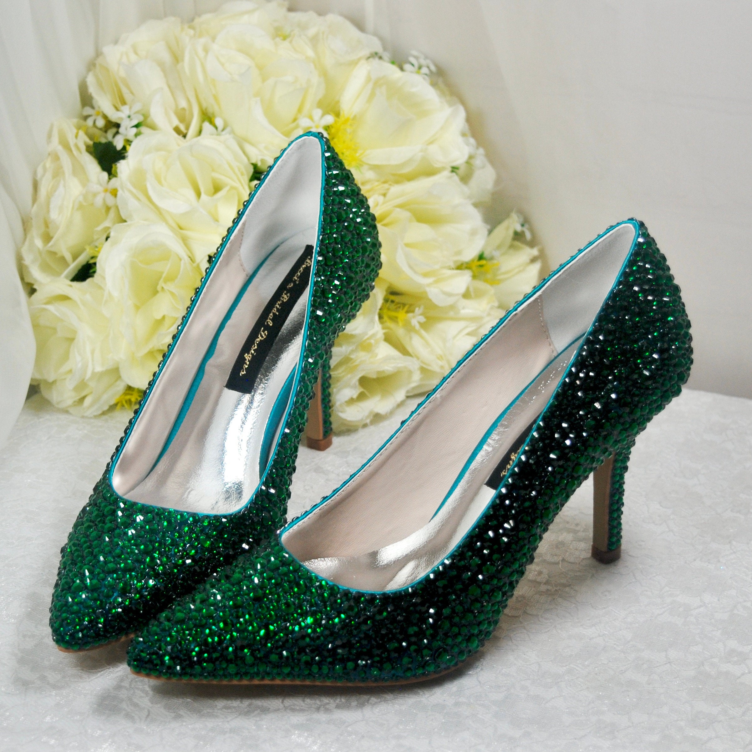 Emerald Green Crystal Bridal Shoes: Handmade Rhinestone 