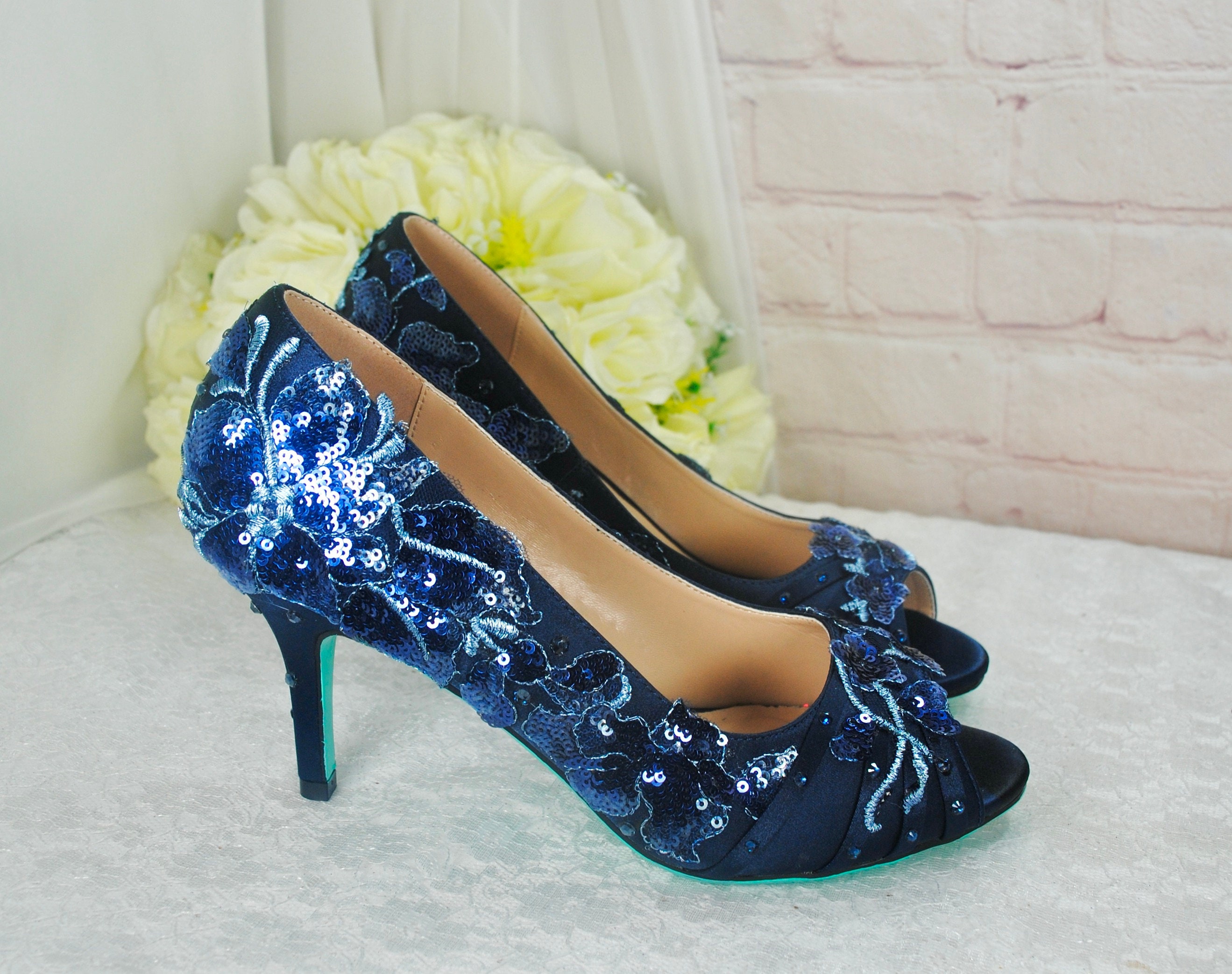 Navy Floral Embroidered Shoes: Blue Flower Peep Toe Heels Navy Floral Embroidered Shoes: Blue Flower Peep Toe Heels