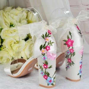 Ivory Satin Bridal Sandals with Floral Embroidery, Wedding Shoes with Ankle Strap, Bridal Shoes with Block Heel