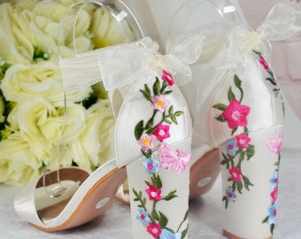 Ivory Satin Bridal Sandals: Floral Embroidered Block Heel Wedding Shoes