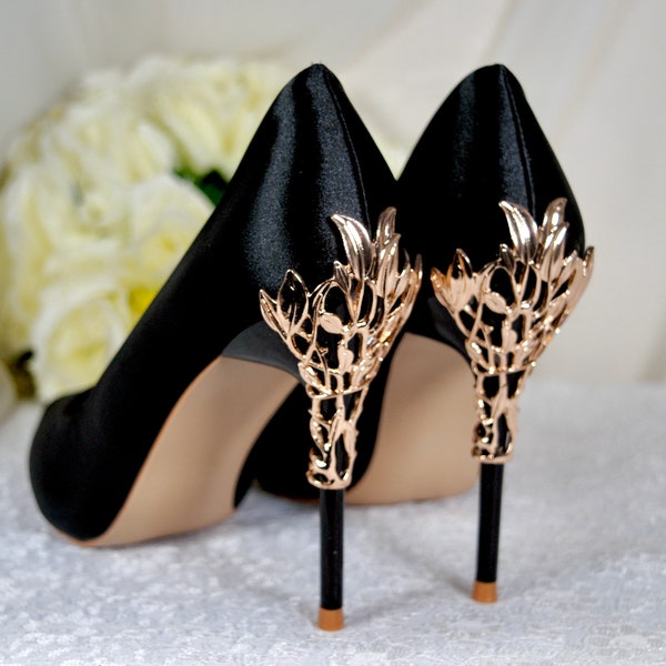 Beautiful Black Satin Bridal Pumps with Gold Leaf Details, Bridesmaid Heels