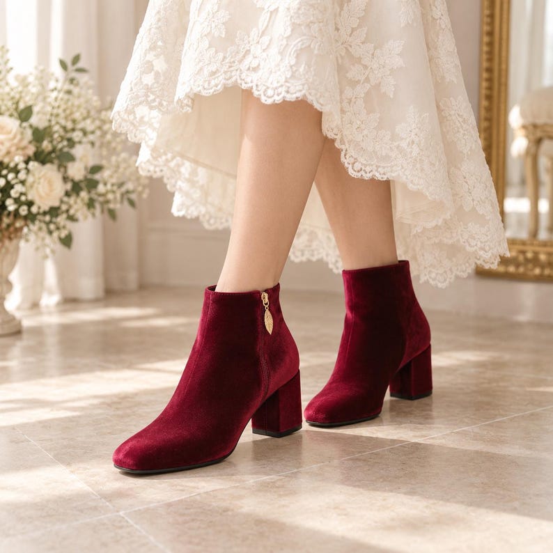 May include: A pair of deep burgundy velvet ankle boots featuring a block heel and a gold-toned leaf-shaped zip pull on the side. The boots have a rounded toe design and a smooth, soft texture, providing a clean and structured appearance.