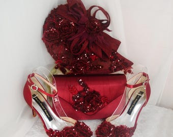 Burgundy Satin Bridal Set: Handmade Flower Shoes, Clutch & Fascinator