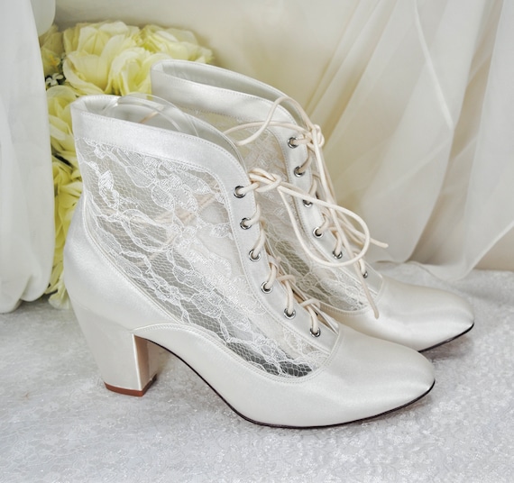 Vintage Victorian Block Heel Boots: Satin and Lace Ivory Bridal Ankle Boot