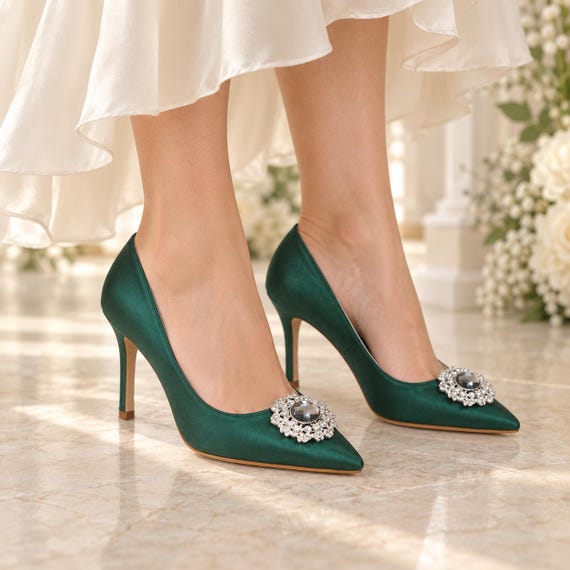 green high heels dress shoes Emerald Stiletto Heels, Pointed Toe Special Occassion High PV