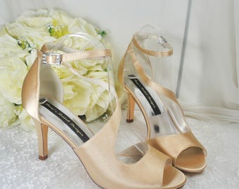 Champagne Satin Bridal Sandals, Peep Toe Strappy Heels, Wedding Shoes
