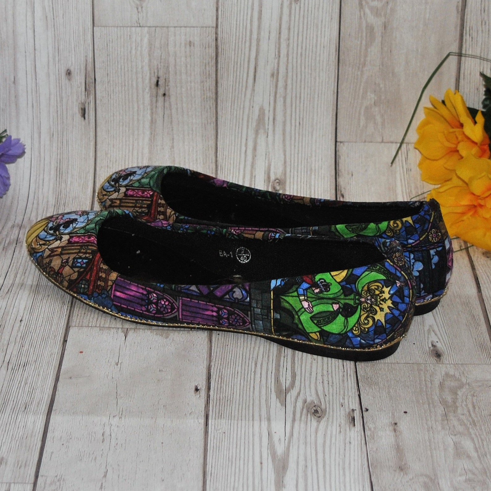 beauty and the beast stained glass fabric ballet flats and clutch bag - wedding party bridesmaid shoes