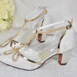 Satin & Lace Vintage Inspired Ivory Gold T Bar Wedding Shoes Bridal ...