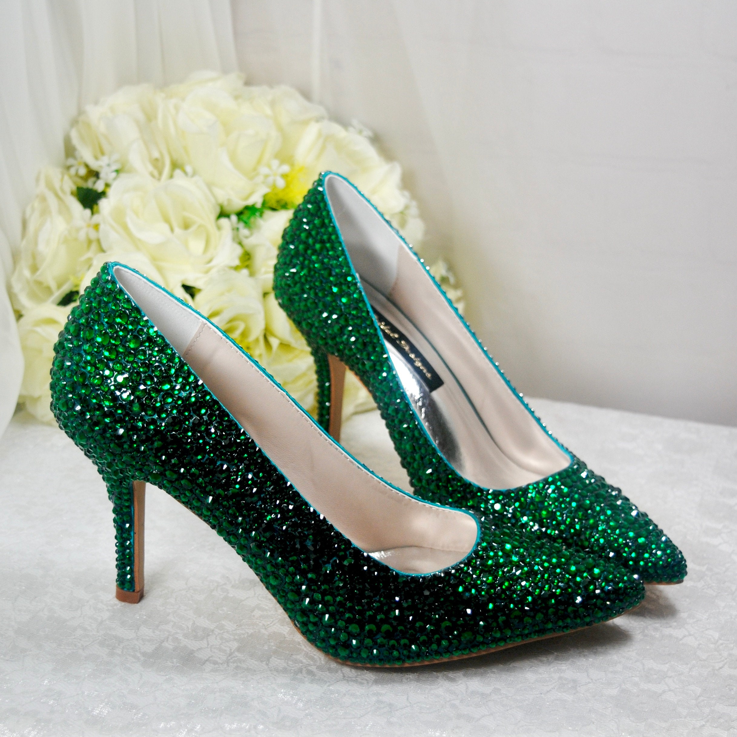 Emerald Green Rhinestone Wedding Heels with Clutch: Handmade Bridal Shoes Emerald Green Rhinestone Wedding Heels with Clutch: Handmade Bridal Shoes
