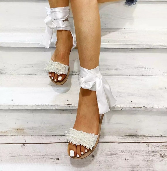 Beach Wedding Sandals Crystal and Pearl Wedding Shoes Flat - Etsy Canada