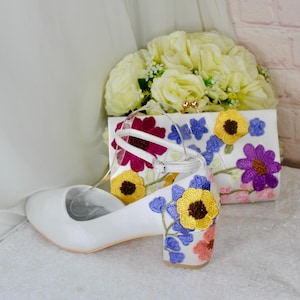 Ivory Satin Floral Embellished Sandals, Block Heel Flower Shoes, with Matching Clutch Bag and Accessories