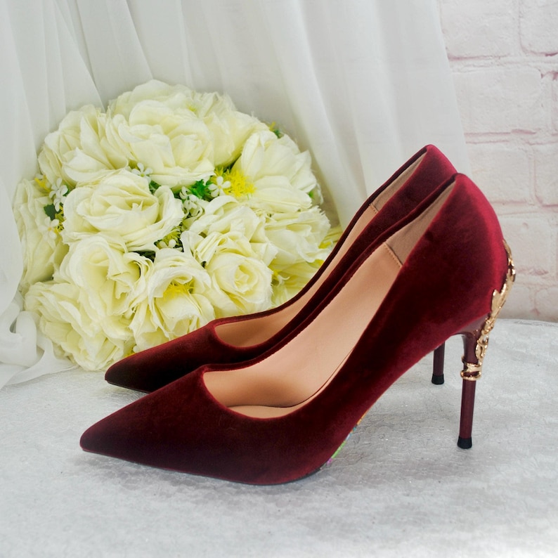 Burgundy Velvet Stiletto Heels with Gold Vine Details, Wine Red Handmade Luxury Bridal Shoes image 5