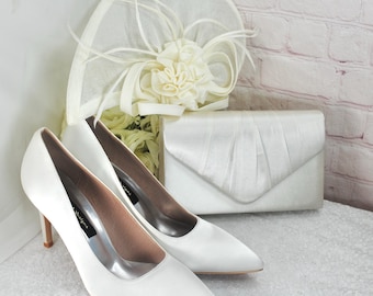 Ivory Satin Bridal Set: Handmade Heels, Clutch Bag & Fascinator