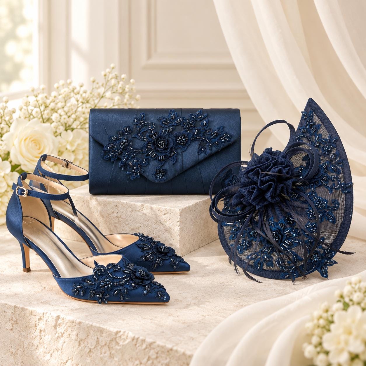 clutch for blue dress Navy Fascinator & Bag– Handmade Beaded Wedding Guest Accessories style detailing Structured envelope