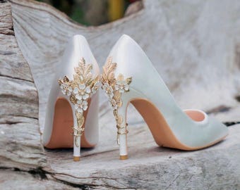 White Wedding Heels Bridal Shoes for Bride, Bridesmaids With Gold