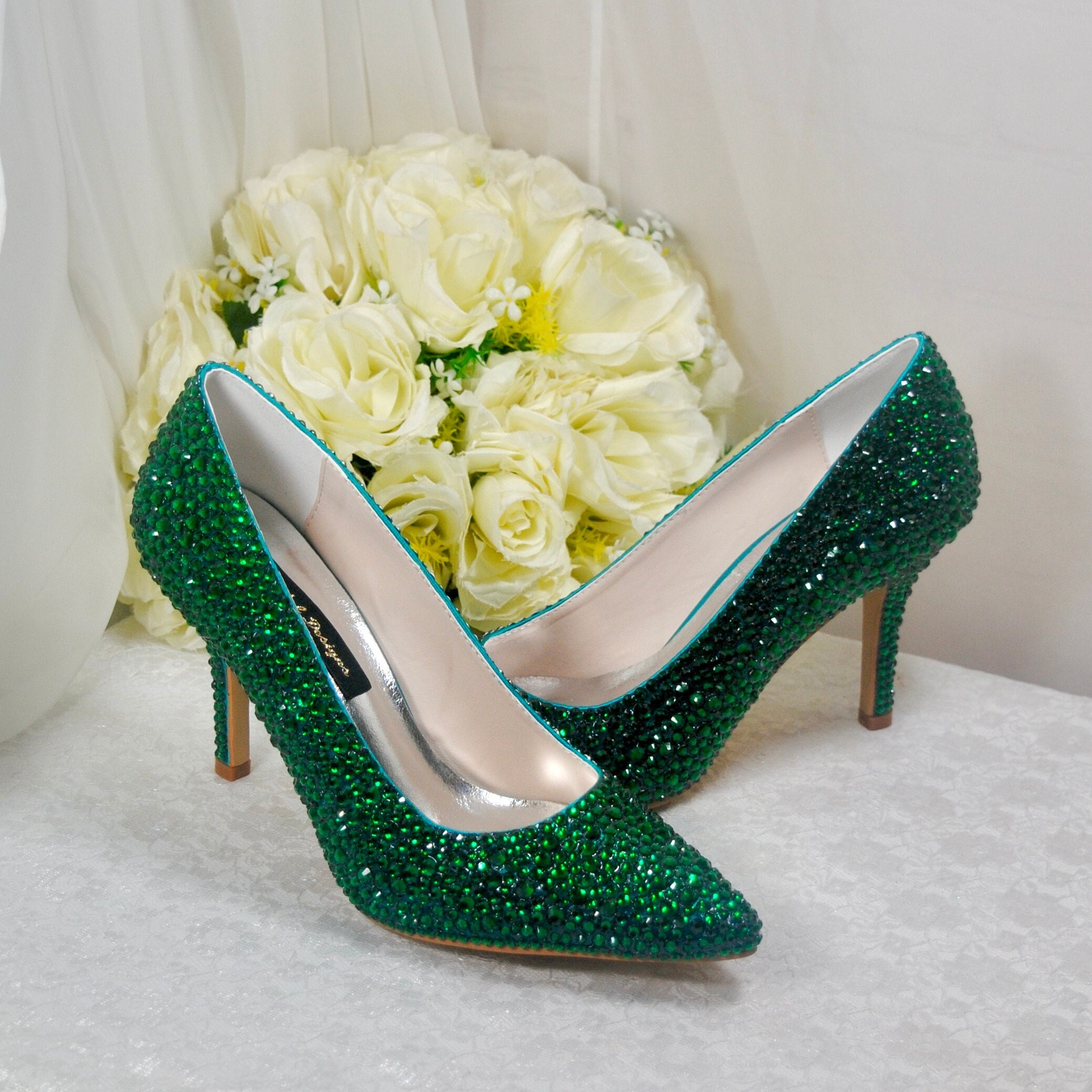 Emerald Green Crystal Bridal Shoes: Handmade Rhinestone Heels