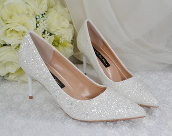 White Glitter Bridal Pumps: Handmade Vegan Wedding Shoes (7cm Heel)