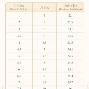 May include: A shoe size conversion chart titled Becci's Bridal Designs. The table displays three columns: UK Size, US Size, and Heel to Toe Measurements in centimeters. It lists numerical values for sizes ranging from UK 1 to 9 and US 4 to 11.
