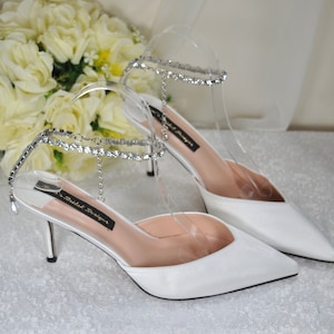 Beautiful Wedding Shoes with &#39;Crystal Chain&#39; Ankle Strap, 8.5cm Heel, Embellished Bridal Shoes, Wedding Heels for Bride