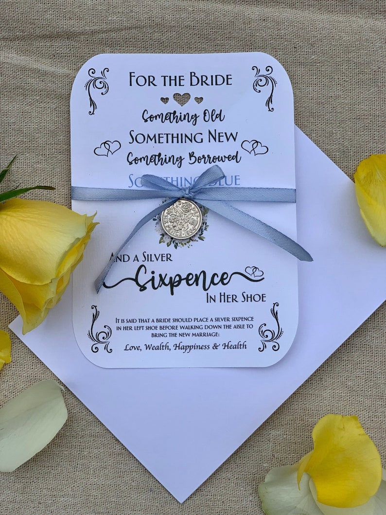 Recuerdo de boda Sixpence 'Algo viejo, nuevo...' Moneda de zapato del día de la boda de la novia. Auténtico recuerdo de seis peniques de plata y poema. Regalo perfecto. imagen 2