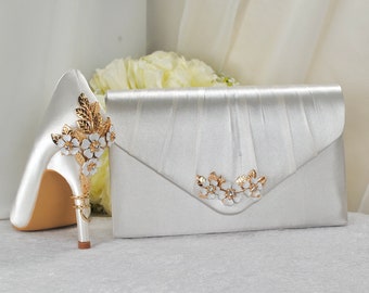 Ivory Satin Bridal Heels and Clutch Bag: Cherry Blossom Wedding Shoes