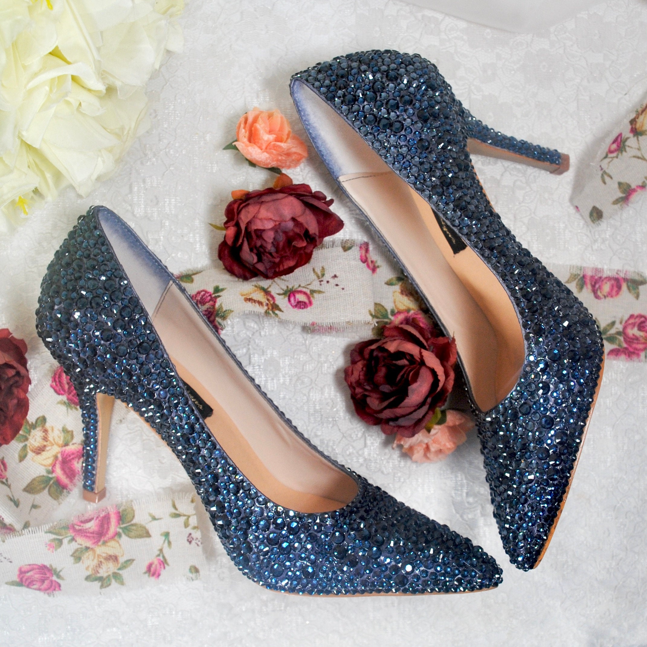 Swarovski Style Crystal Heels, Navy Blue Rhinestone pumps