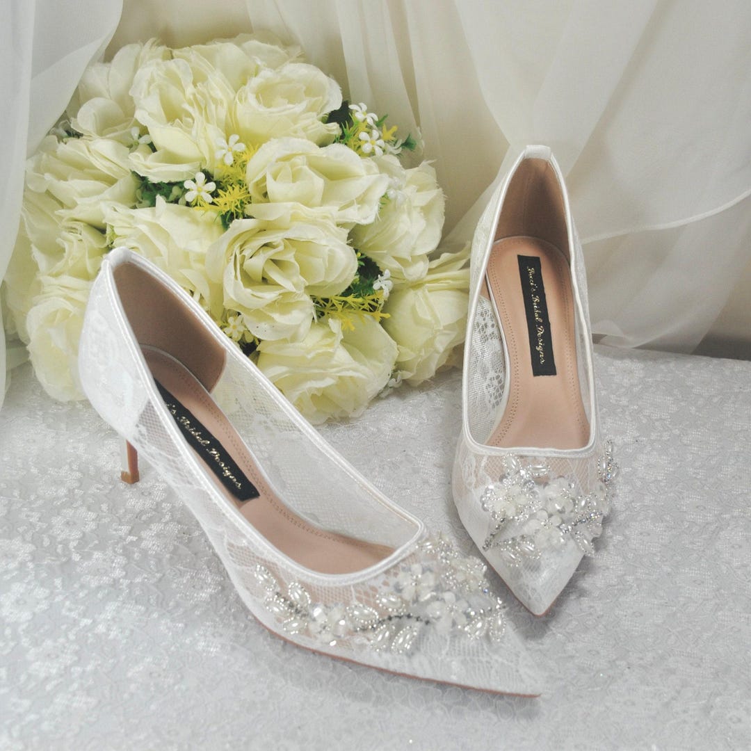 Floral Lace Wedding Shoes: Beaded Bridal Kitten Heel - Etsy