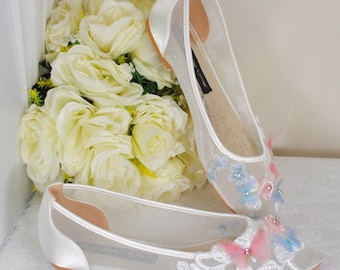 Weiße Blumen Hochzeit Pumps, flache Brautschuhe, handgefertigte Spitze Sommer Sandalen für Braut, Brautjungfer