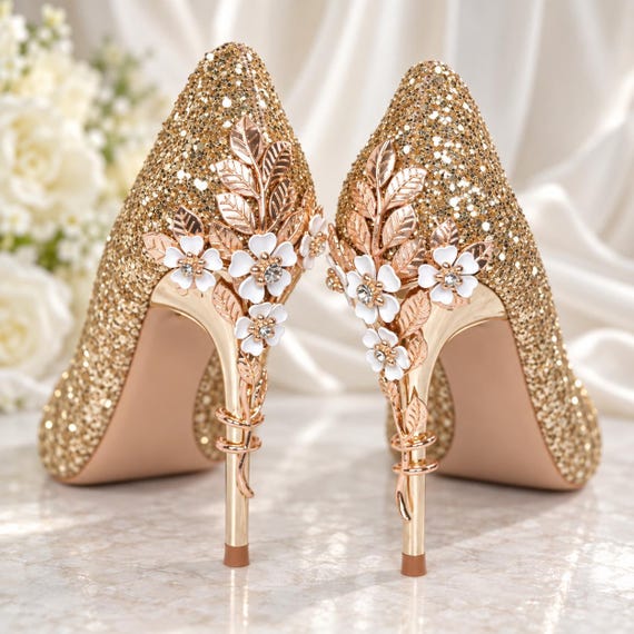 gold wedding dress shoes Glitter Shoes: Cherry Blossom Bridal Heels gold dress shoes