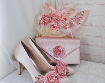 Pink Satin Heels With Sparking Floral Embroidery, Clutch Bag