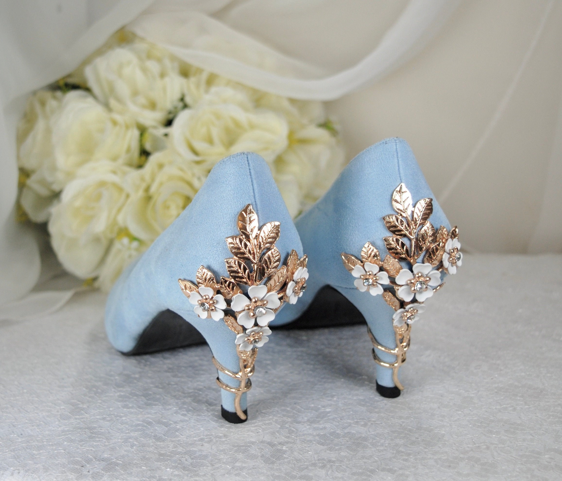 Beautiful Blue Suede Wedding Shoes, ROUND TOE, 6cm 2.3 Inch Low Heel  'cherry Blossom' Embellished Bridal Shoes, Wedding Heels for Bride -   Norway