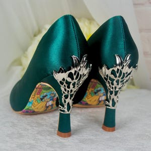 Emerald Green Satin Bridal Shoes: Filigree Vine Heel, Custom Soles