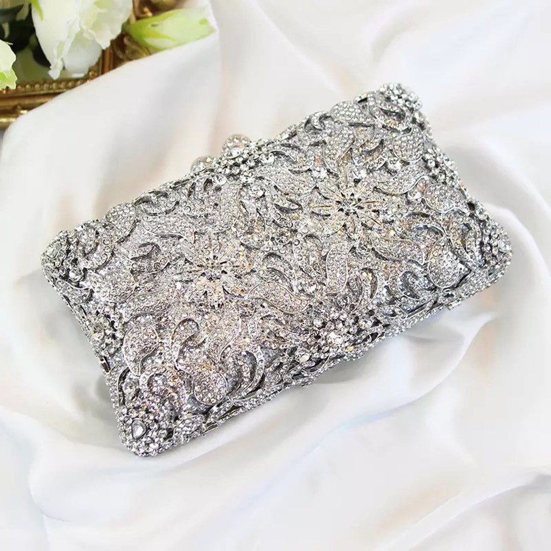 Luxury Satin Classic Evening Clutch Bag with Elegant Rhinestone Bling Crossbody Bag for Wedding Bridal Graduation Prom
