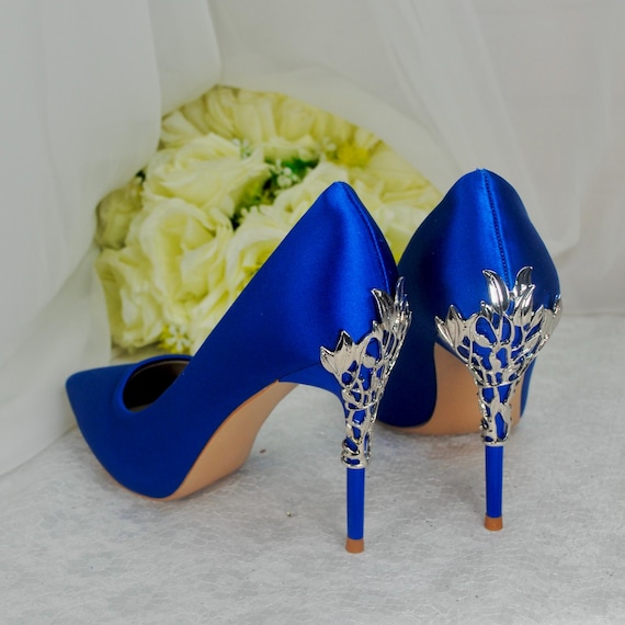 blue satin dress shoes Blue Satin Wedding Shoes: Handmade Bridal Heels With Filigree Vine