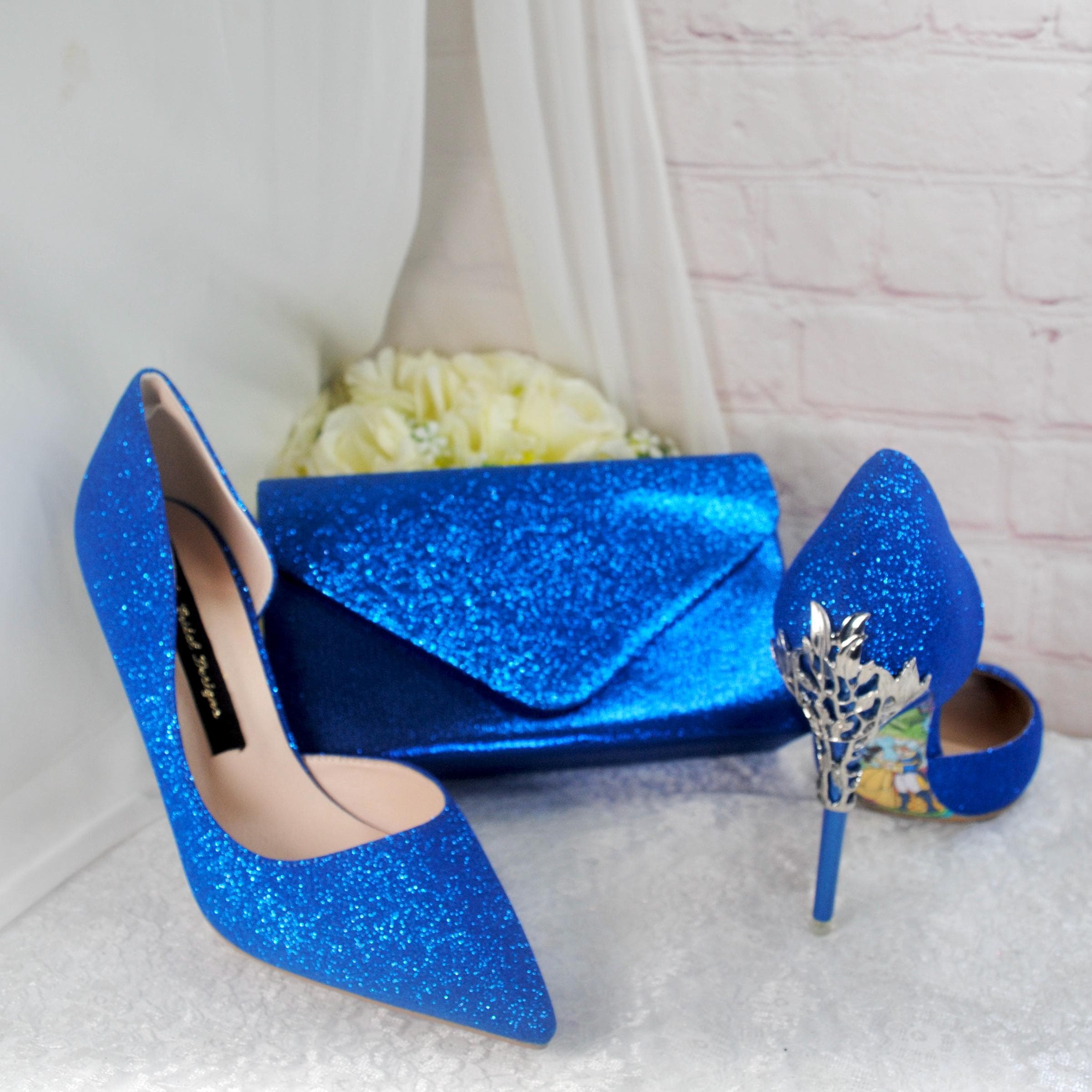 Blue Shimmer Bridal Heels Clutch Bag: Handmade Vine Detail