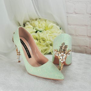 Handmade Sage Green Glitter Heels: Cherry Blossom Wedding Shoes