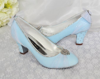 Blue Satin Block Heel Bridal Shoes: Swarovski Crystal Cinderella Cosplay
