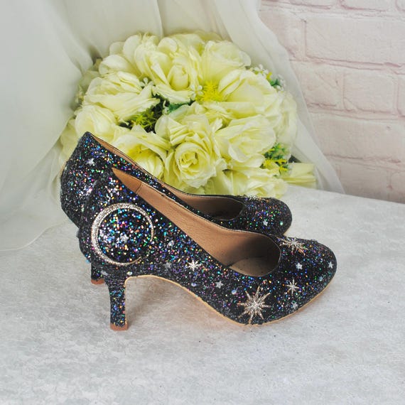 glitter shoes sticking to dress Celestial Wedding Shoes: Glitter Galaxy Bridal Heels flat shoes with sequin dress