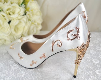 Ivory Satin Wedding Shoes with Gold Vines, Handmade Bridal Heels, Custom Shoes for Bride, Bridesmaid, Womens Wedding Shoes - UK8/US9.5/EU41