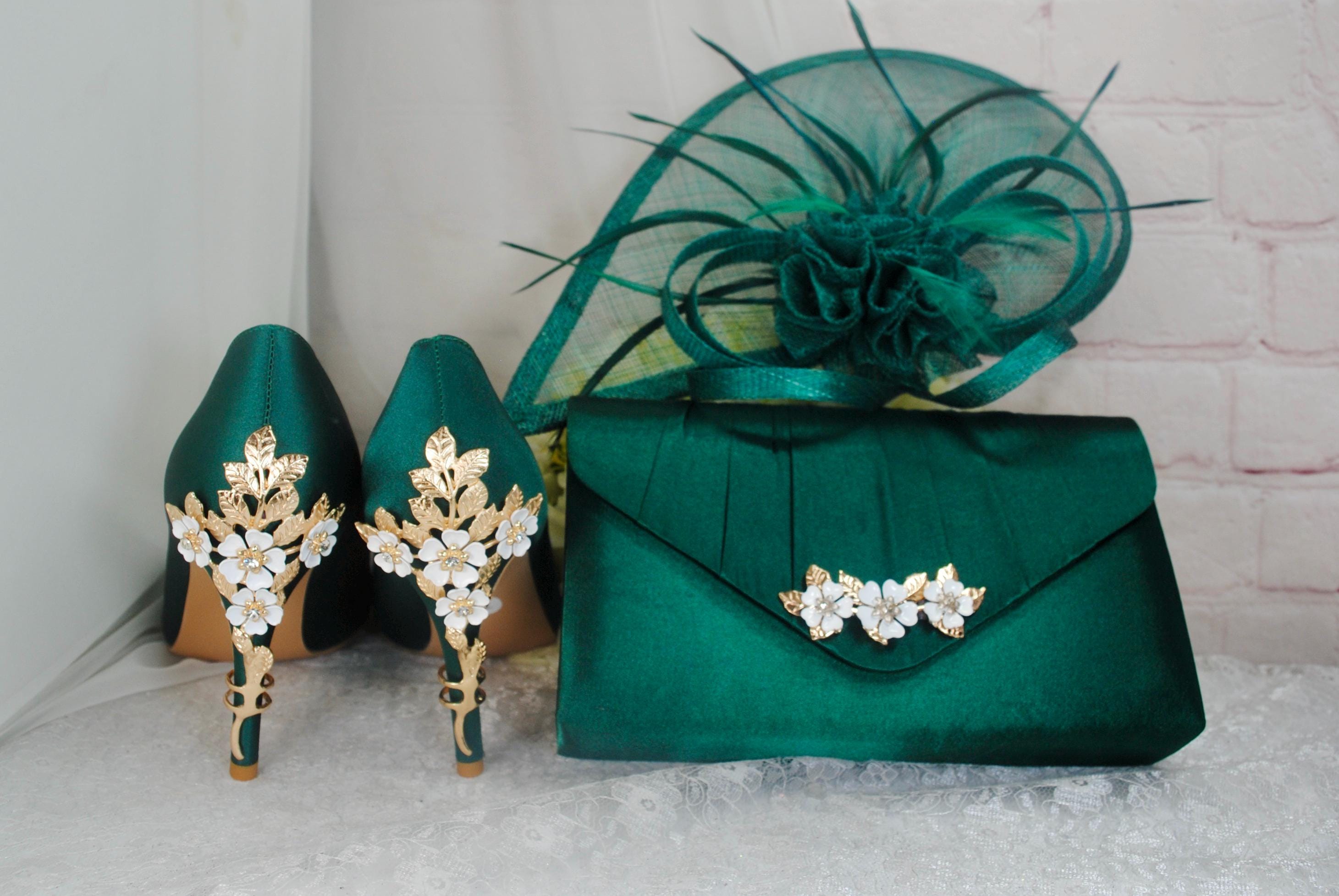 Emerald Green Satin Heels, Clutch Bag and Fascinator Hat. Matching Bridal Set, Hatinator Purse Shoes for Wedding Guest Mother of Bride Groom